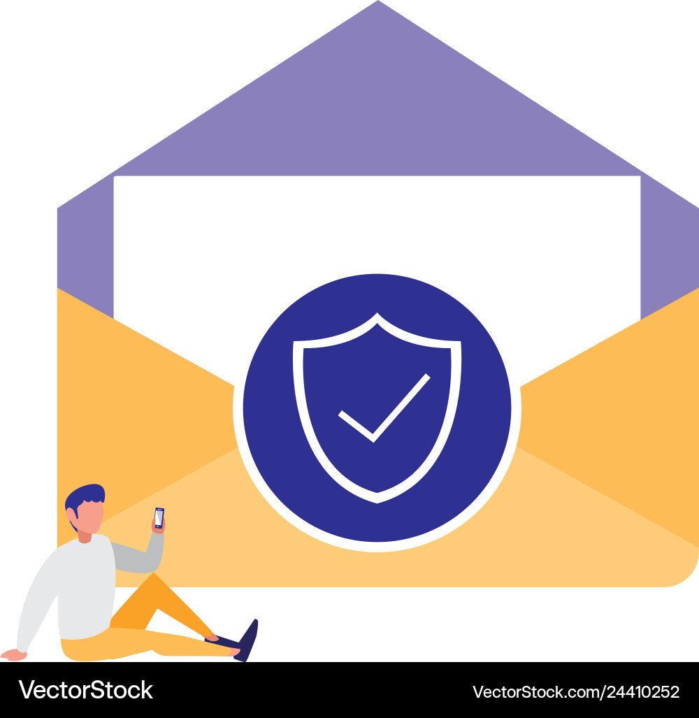 Man using envelope mail with shield Man using envelope mail with shield vector image