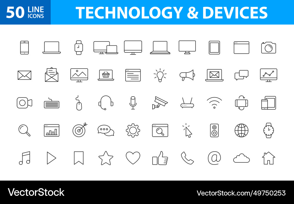 Set of 50 device and technology web icons in line vector image