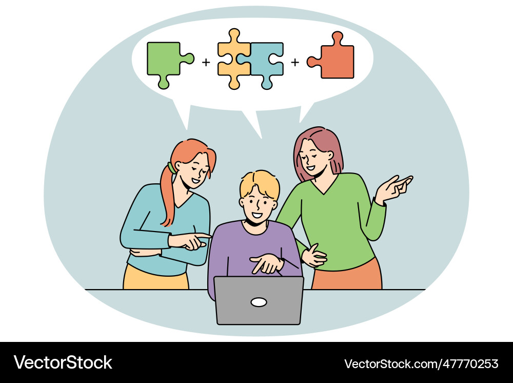 Team work on computer finding solution vector image
