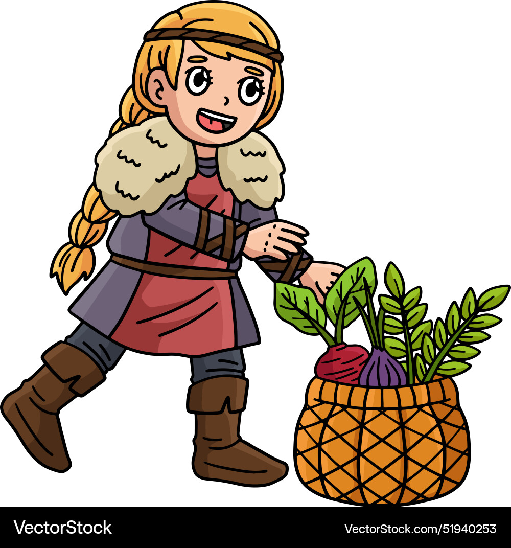 Viking girl with basket of harvest cartoon clipart Viking girl with basket of harvest cartoon clipart vector image