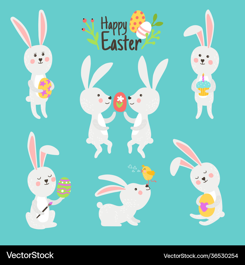 Cute Easter Bunnies with Eggs Royalty Free Vector Image