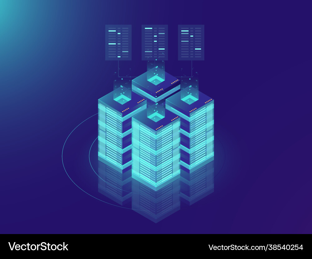 Isometric server room and big data processing vector image