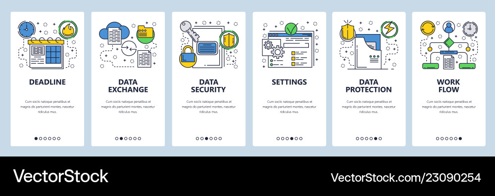 Web site onboarding screens data exchange sync Web site onboarding screens data exchange sync vector image