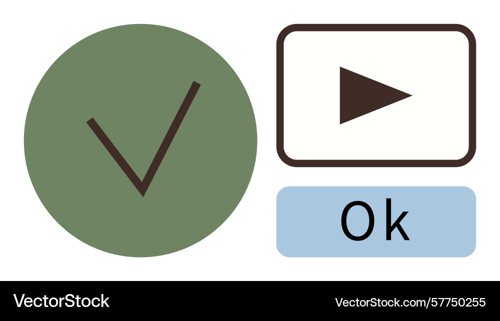 Approval checkmark media playback button and vector image