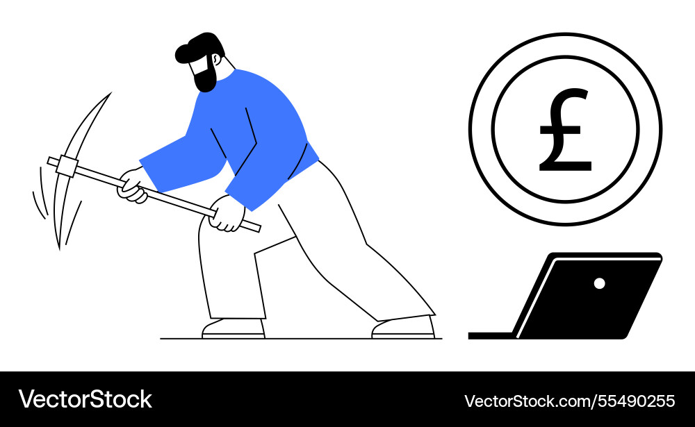 Man mining with pickaxe next to pound sterling Man mining with pickaxe next to pound sterling vector image