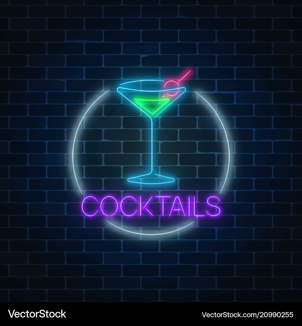 Neon Cocktail Schild im Kreisrahmen auf dunklem Ziegel Neon Cocktail Schild im Kreisrahmen auf dunklem Ziegel vektorbild