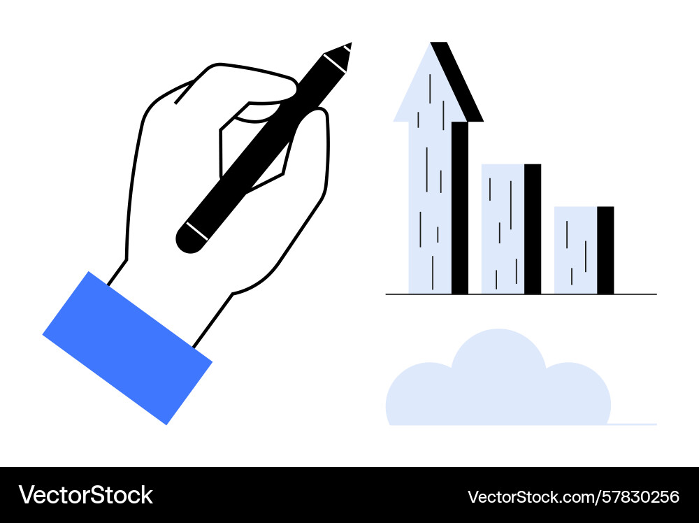 Hand drawing rising bar graph with arrow and cloud Hand drawing rising bar graph with arrow and cloud Vector Image
