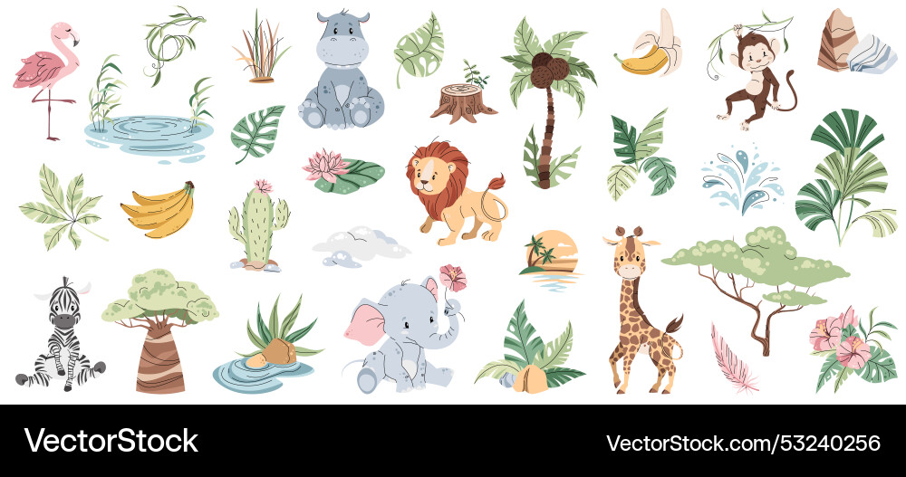 Set of african animals and plants on white Vector Image