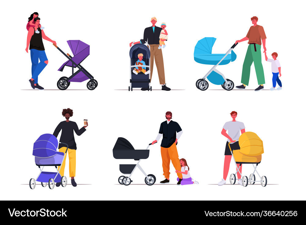 Set young fathers walking outdoor with children Set young fathers walking outdoor with children vector image