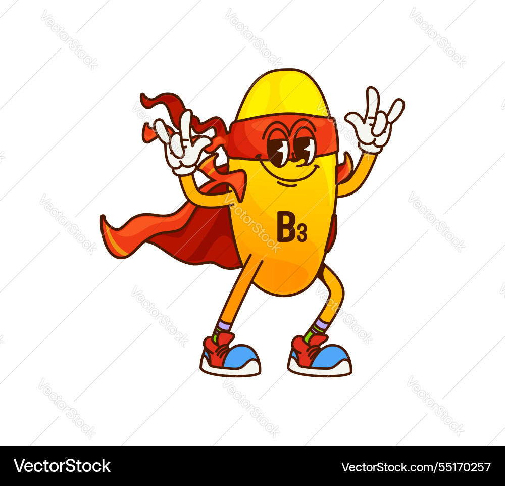 Cartoon groovy b3 vitamin superhero character Cartoon groovy b3 vitamin superhero character Vector Image