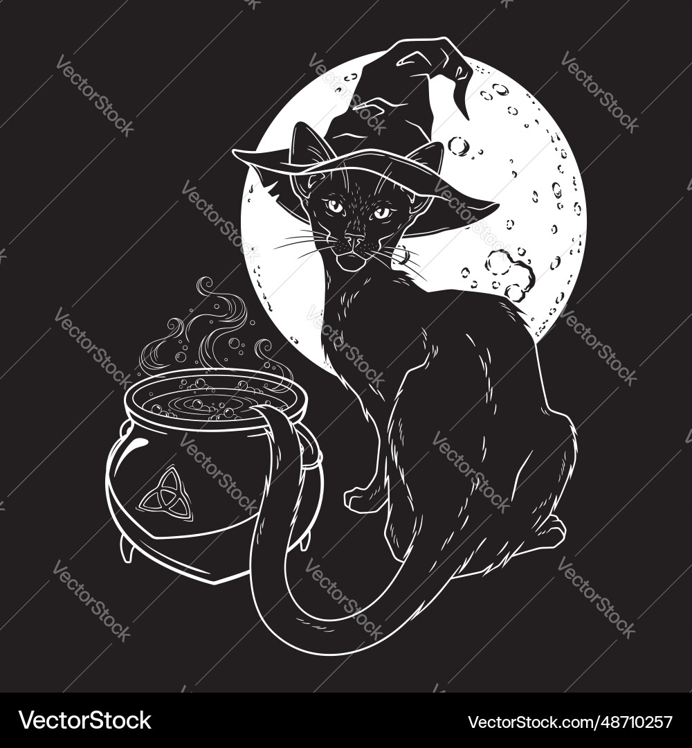 Schwarze Katze mit spitz Hexe Hut Linie Kunst und Punkt Schwarze Katze mit spitz Hexe Hut Linie Kunst und Punkt vektorbild