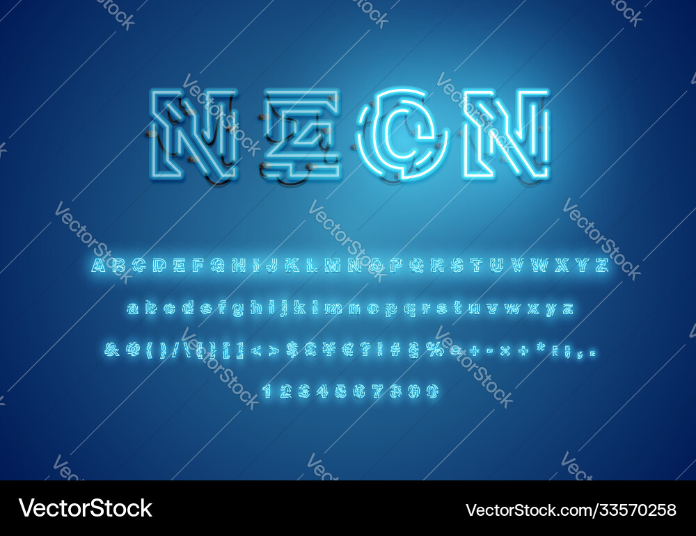Realistic dashed neon font with shadows glow Realistic dashed neon font with shadows glow vector image