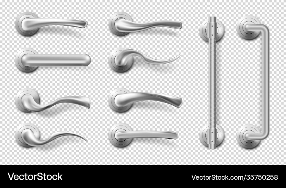 Realistic metal door handles and pulls Royalty Free Vector