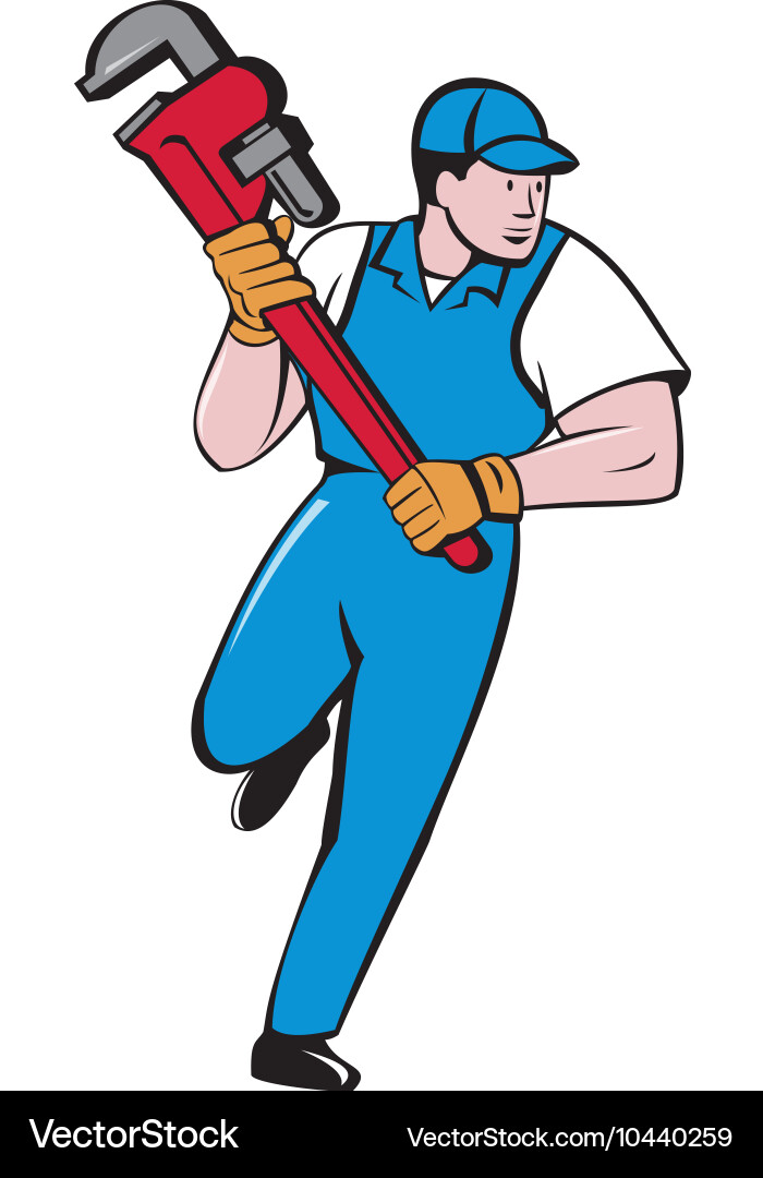Plumber Running with Large Wrench vector image