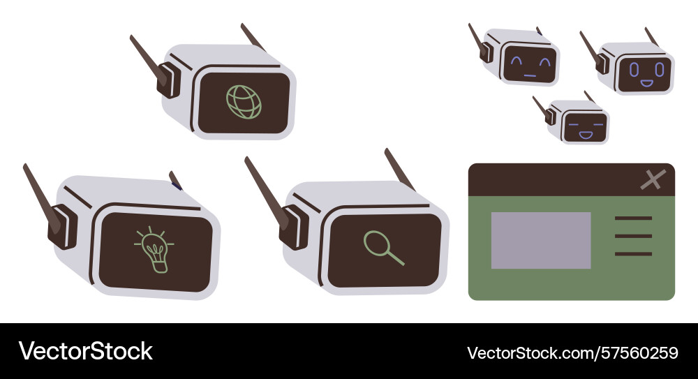 Robot devices with internet icons search Robot devices with internet icons search vector image