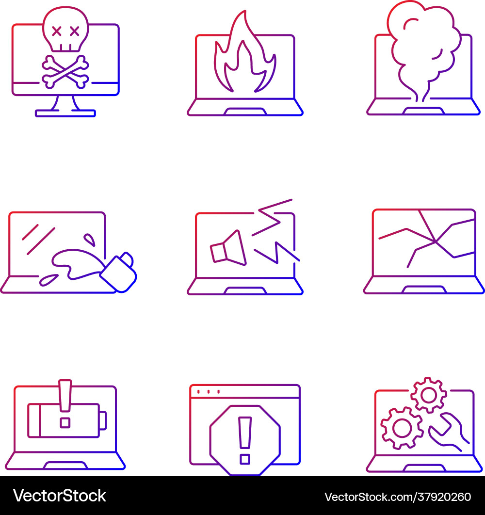 Computer damage gradient linear icons set vector image