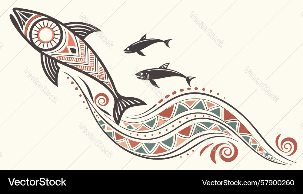 Dynamic fish jump with tribal patterns design Vector Image