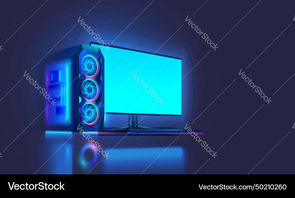 Modern powerful game desk computer in dark Modern powerful game desk computer in dark vector image