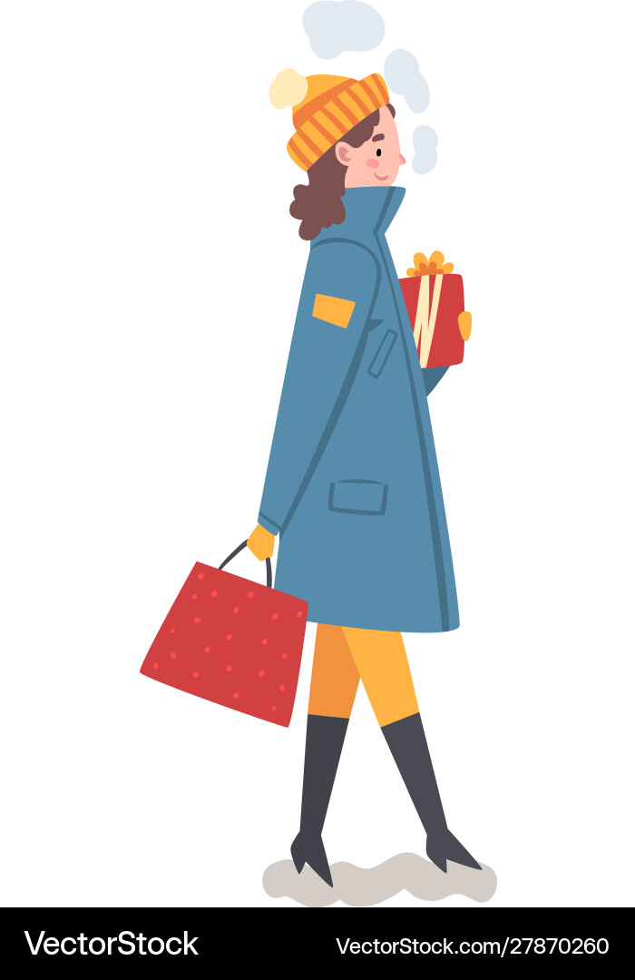 Young woman in winter clothing walking with gift Young woman in winter clothing walking with gift vector image
