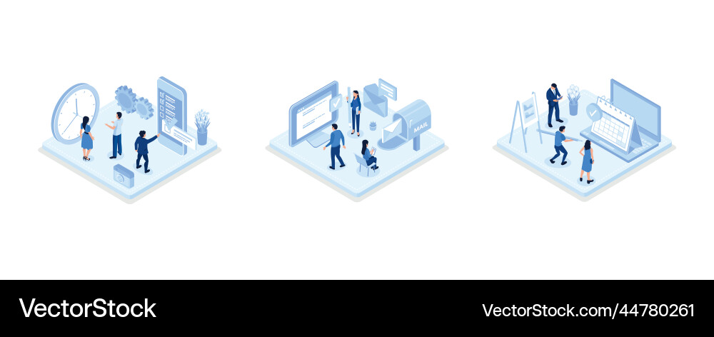 Characters planning work tasks filling check list Characters planning work tasks filling check list Vector Image