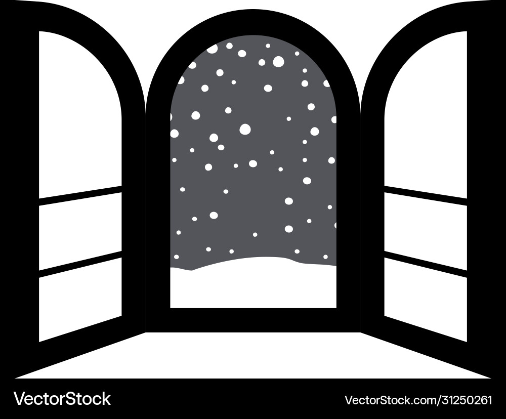 Monochrome open window frame with falling snow Vector Image