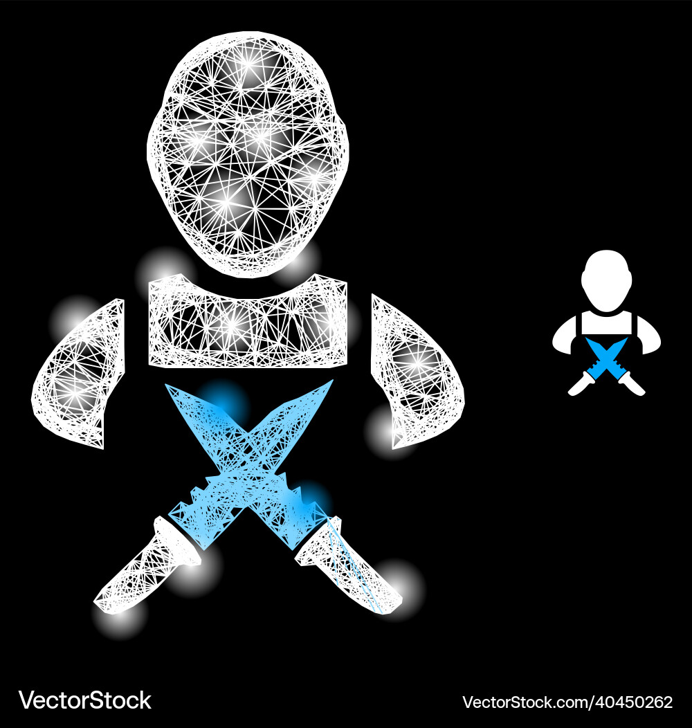 Glowing net mesh butchery worker with glare spots Glowing net mesh butchery worker with glare spots Vector Image