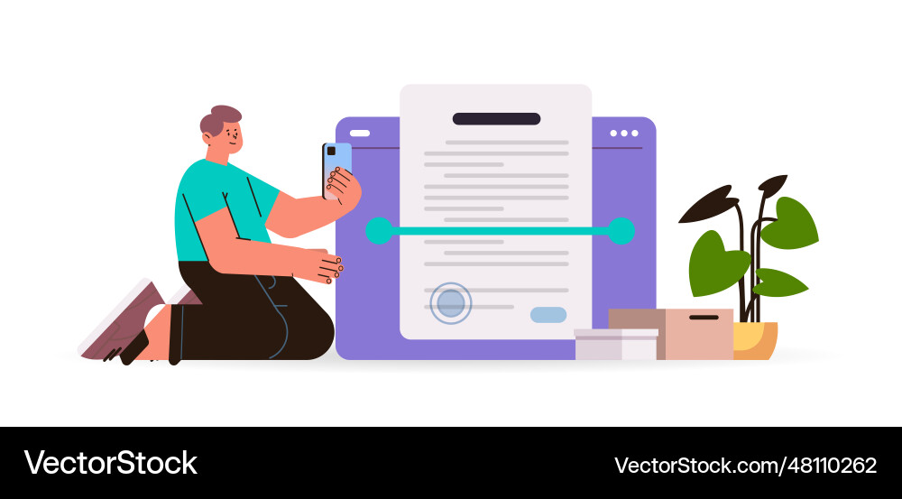 Man scanning document in mobile app text Man scanning document in mobile app text vector image