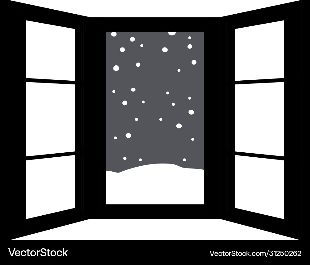 Monochrome open window frame with falling snow Vector Image