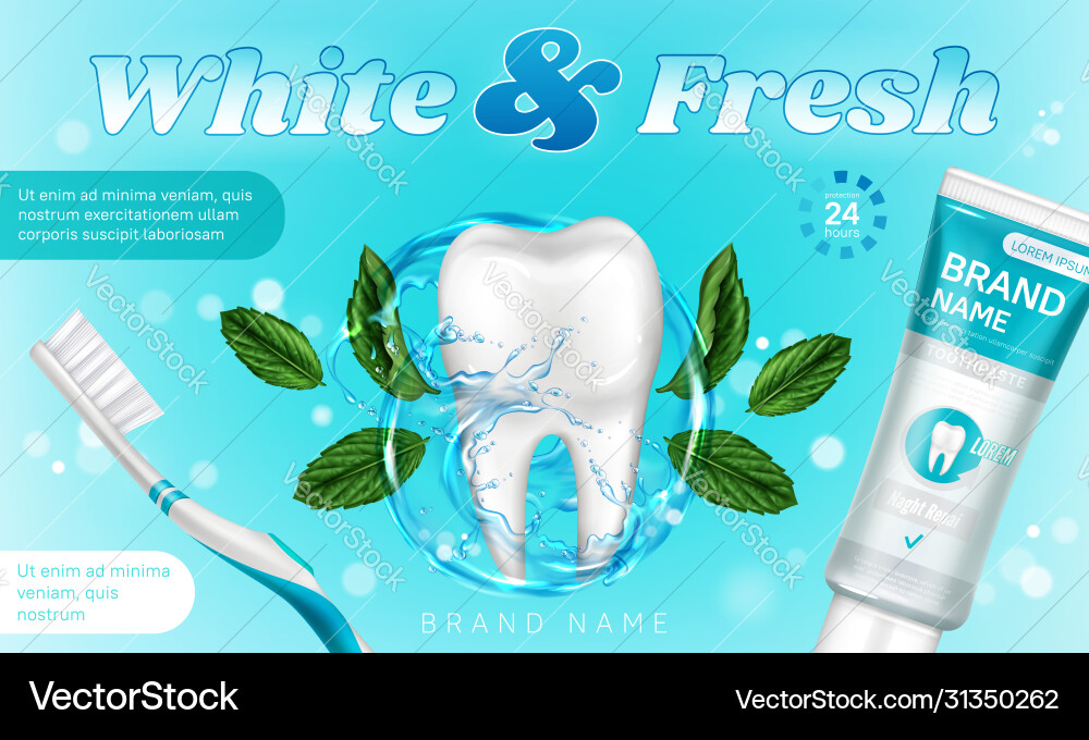 Toothpaste with mint and toothbrush promo poster Toothpaste with mint and toothbrush promo poster Vector Image