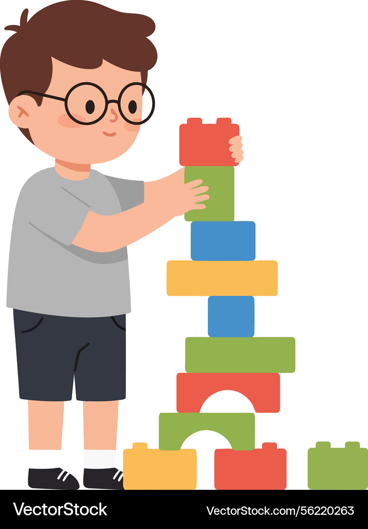 A boy stacking colorful building blocks Vector Image
