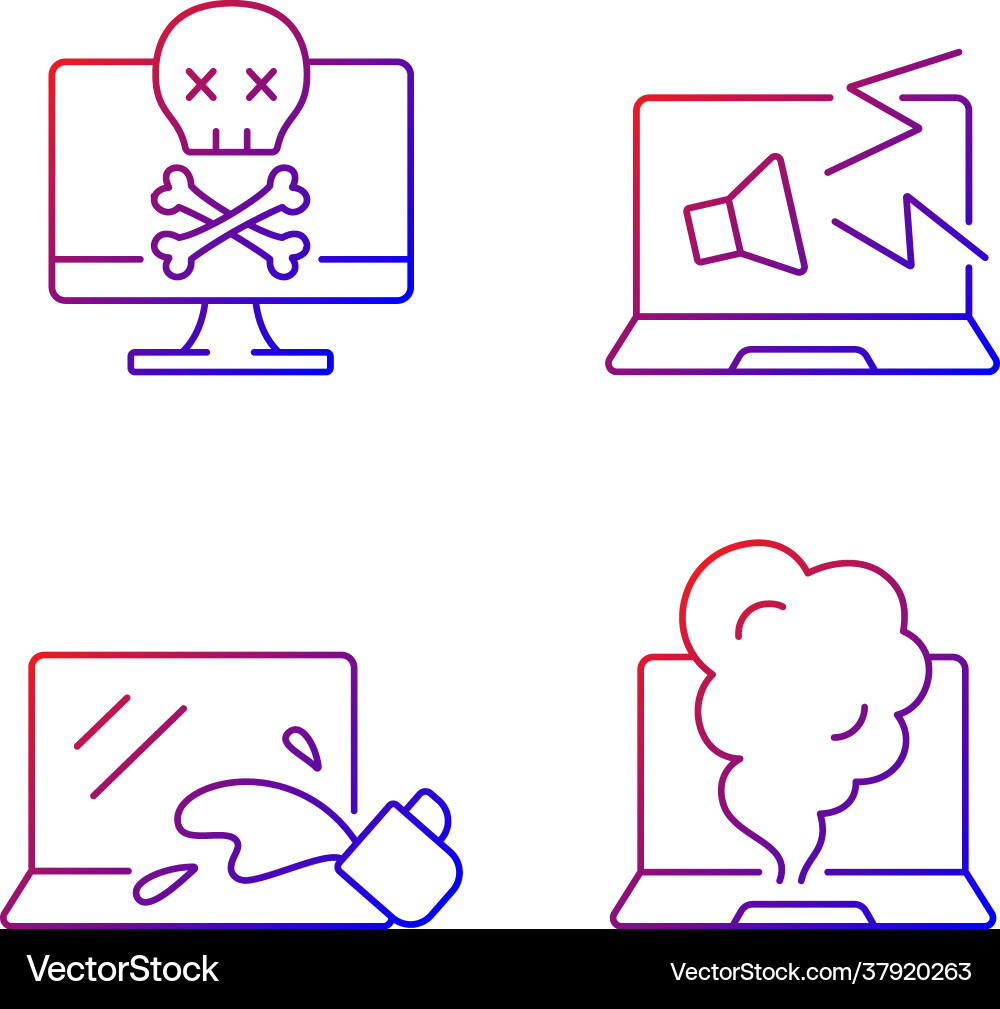 Broken laptop gradient linear icons set Broken laptop gradient linear icons set vector image