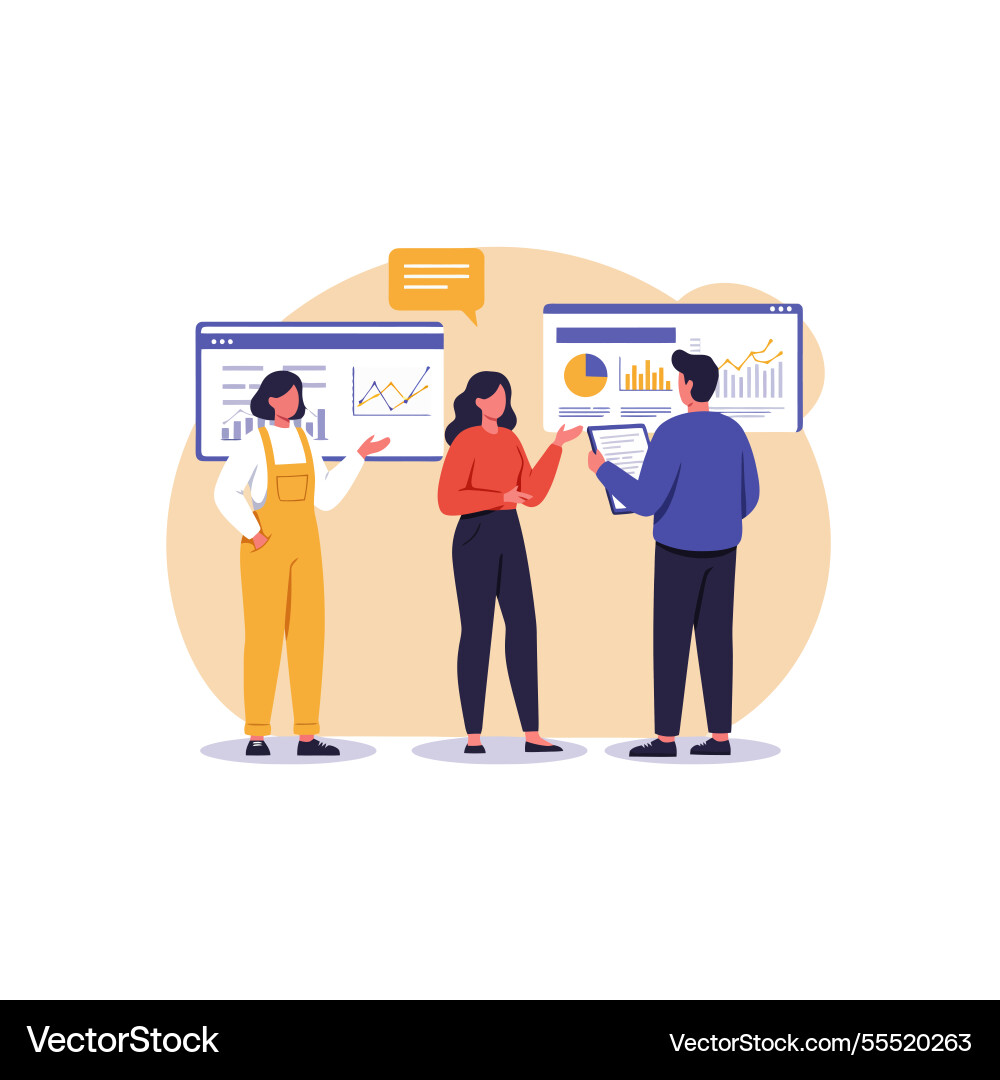 Team discussing data analysis charts Team discussing data analysis charts Vector Image