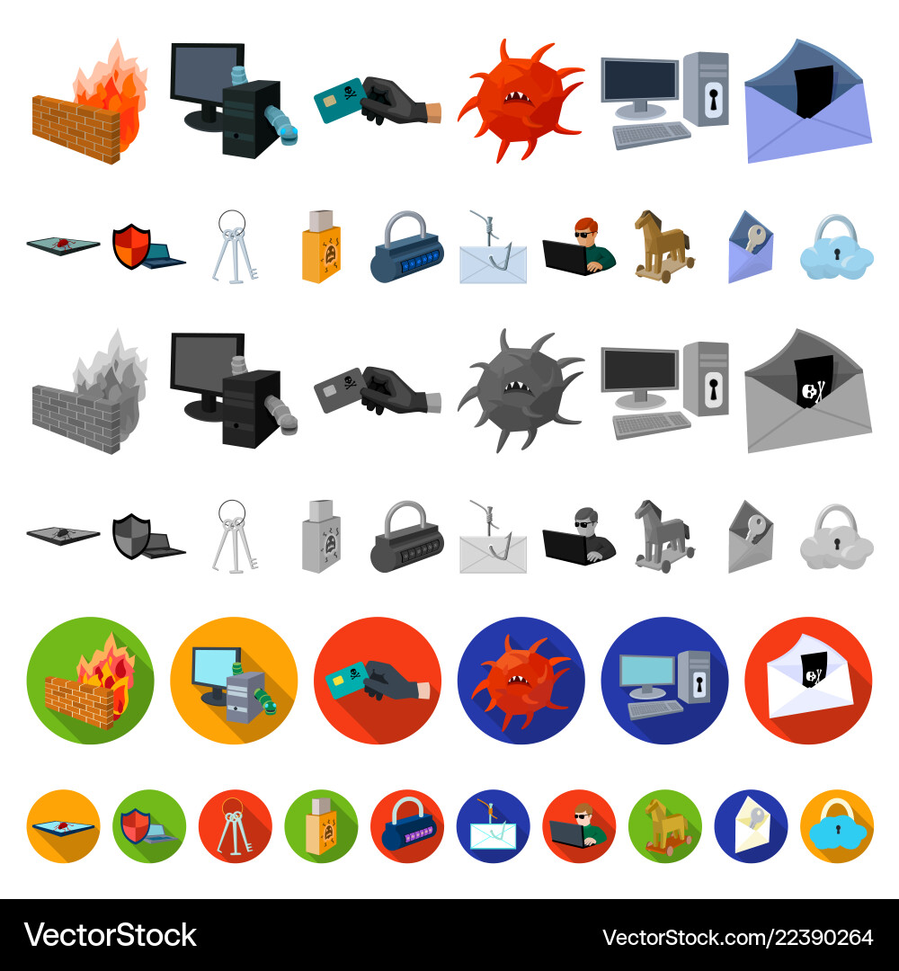 Hacker and hacking cartoon icons in set collection Hacker and hacking cartoon icons in set collection vector image