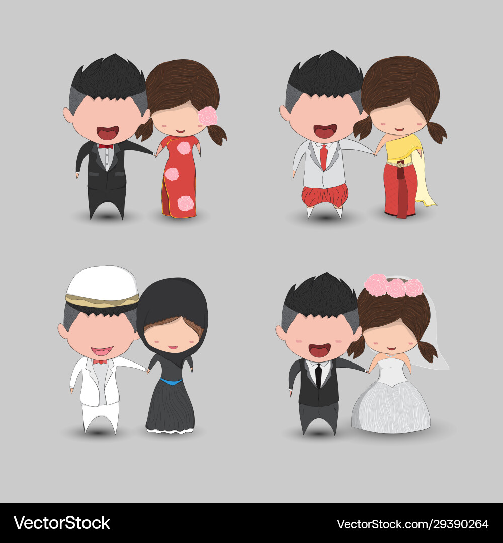 Set cute cartoon wedding couple men and women Set cute cartoon wedding couple men and women vector image