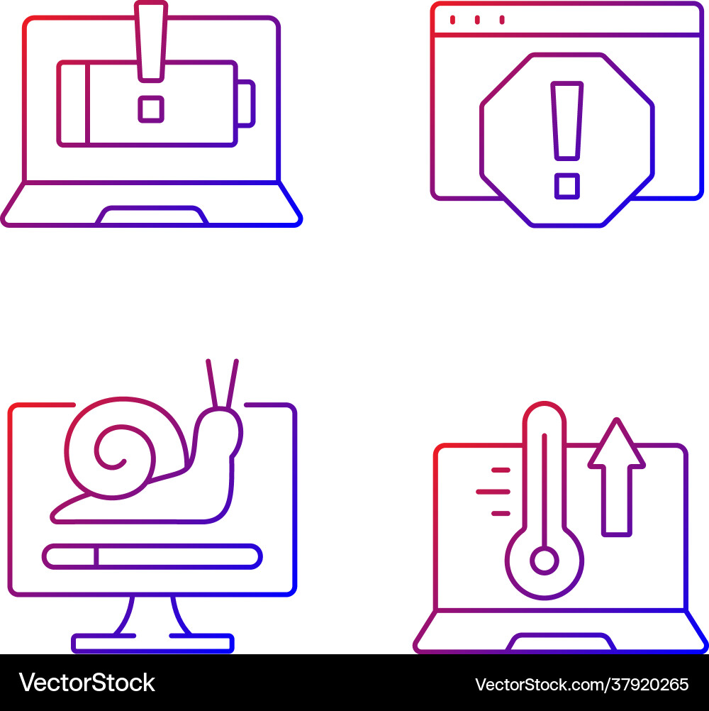 Computer errors gradient linear icons set Computer errors gradient linear icons set vector image