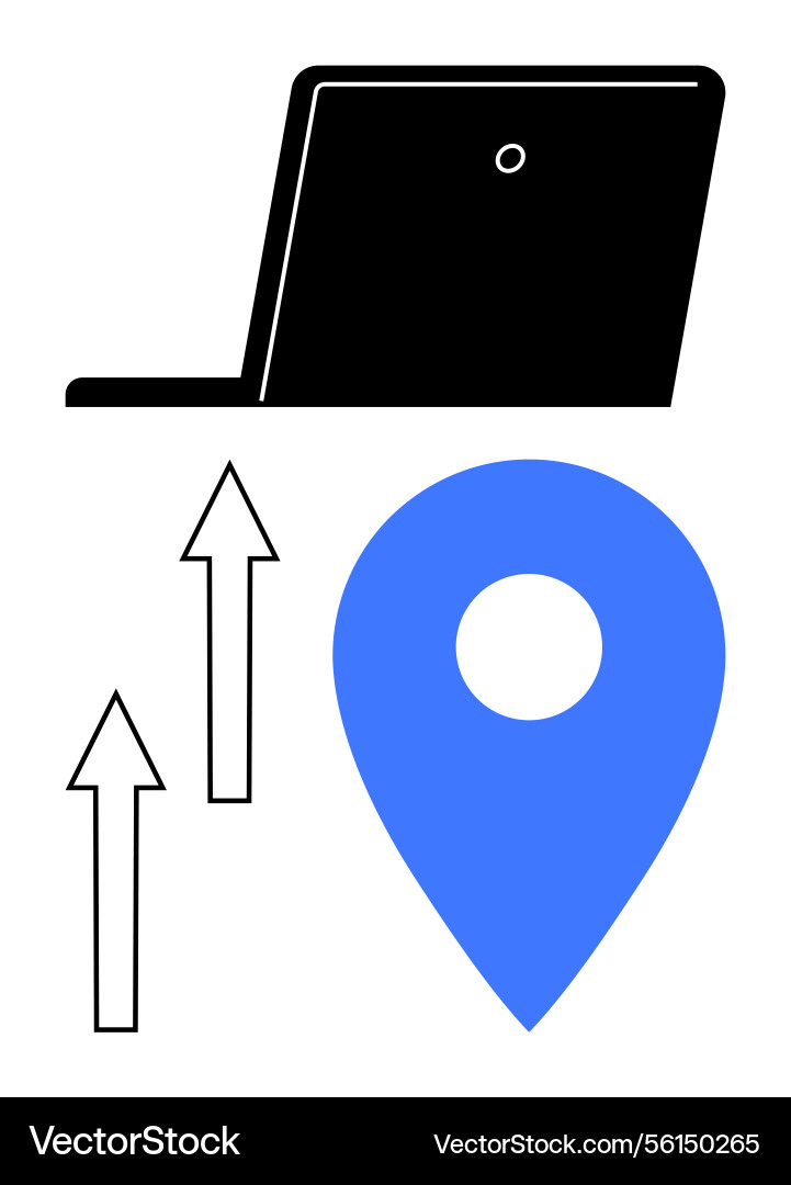 Laptop with upward arrows and map pin representing Laptop with upward arrows and map pin representing vector image