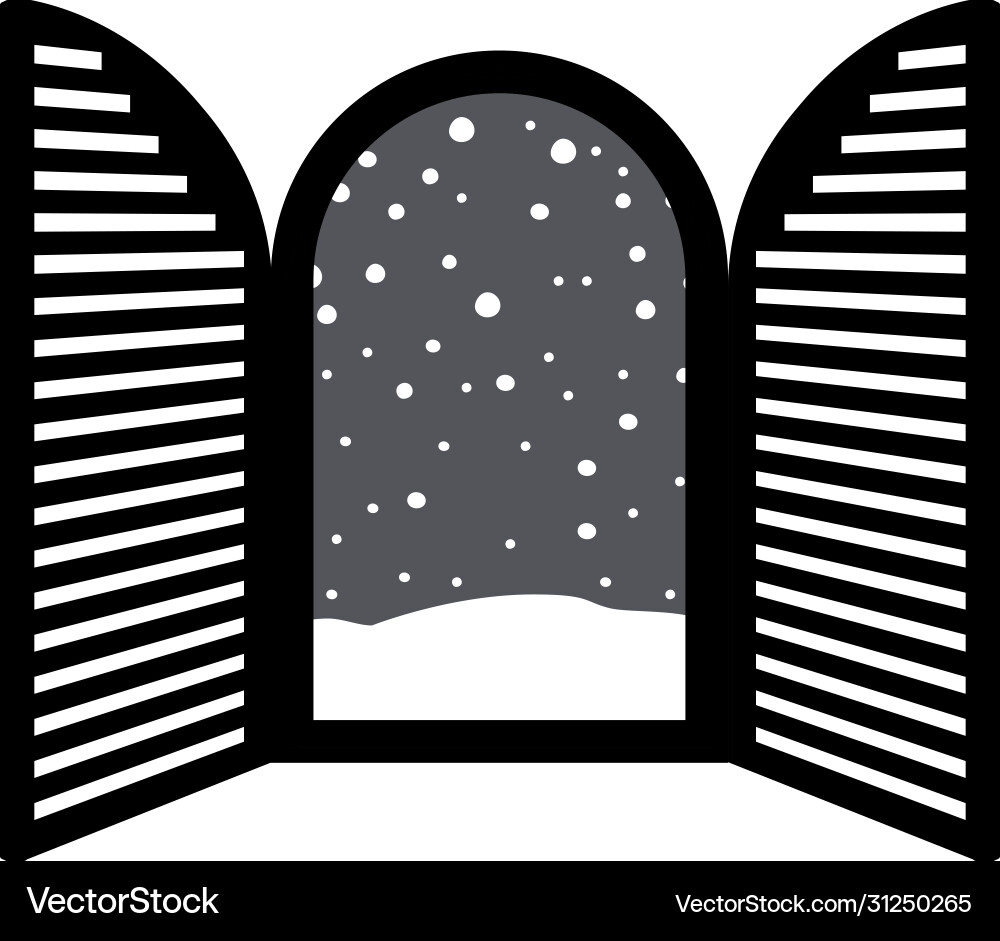 Monochrome open window frame with falling snow Vector Image