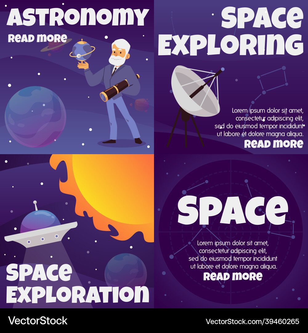 Outer space exploring banners set with astronomer Vector Image