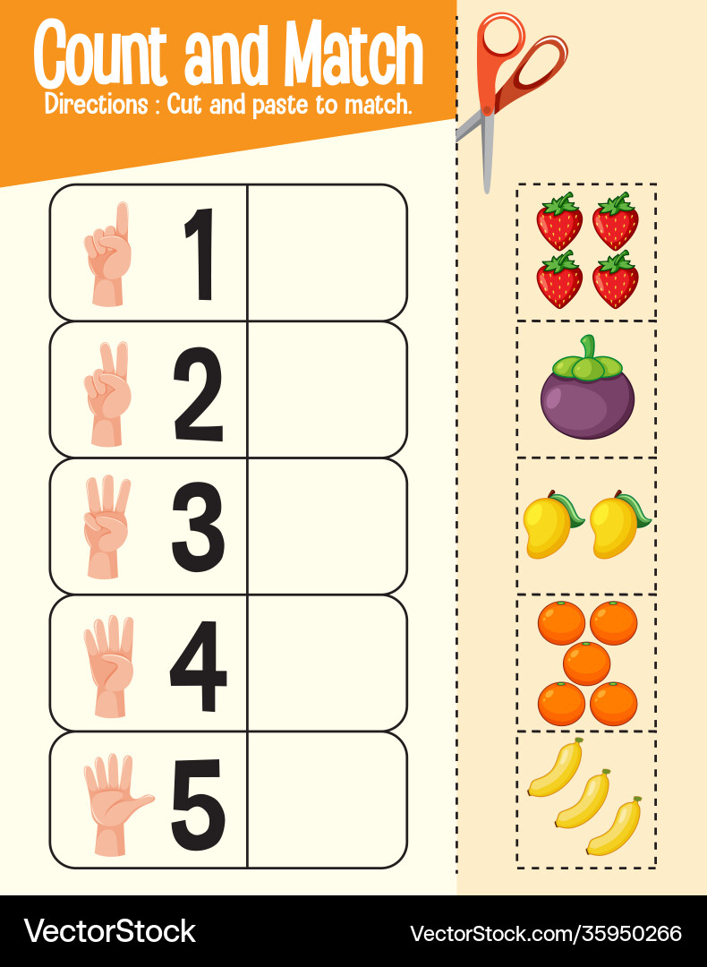Count and match game maths worksheet for children Count and match game maths worksheet for children vector image