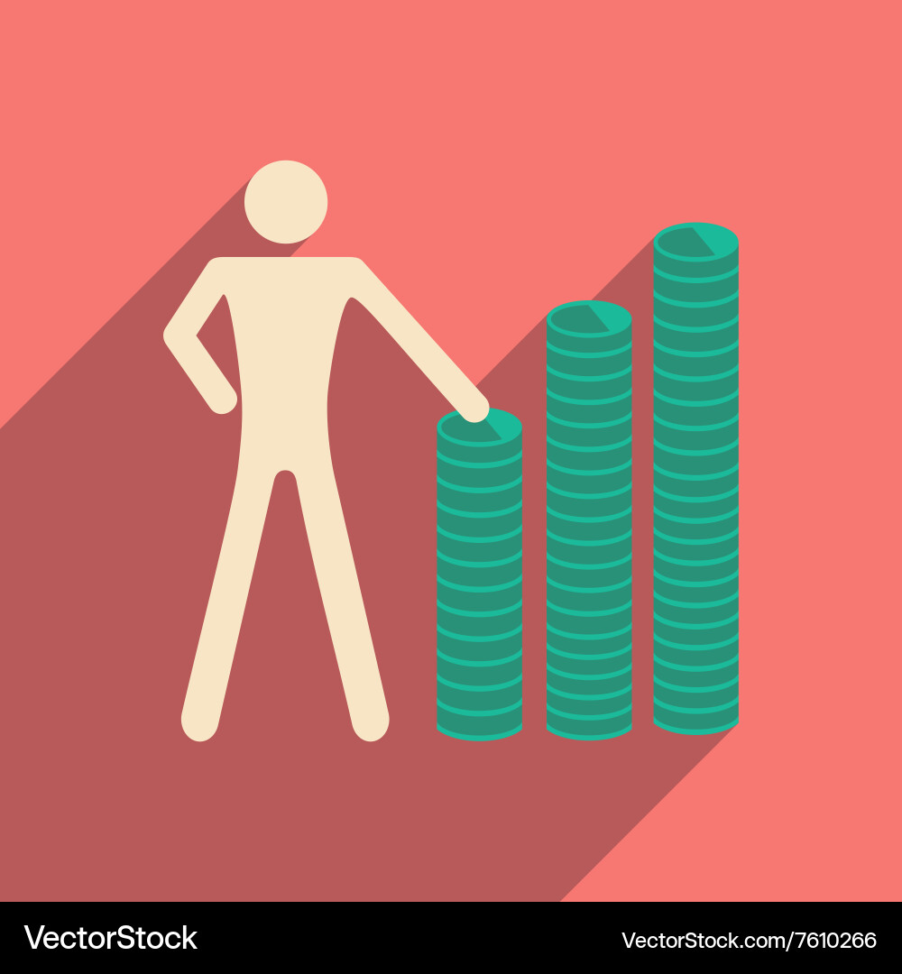 Flat with shadow icon man and stack of coins vector image