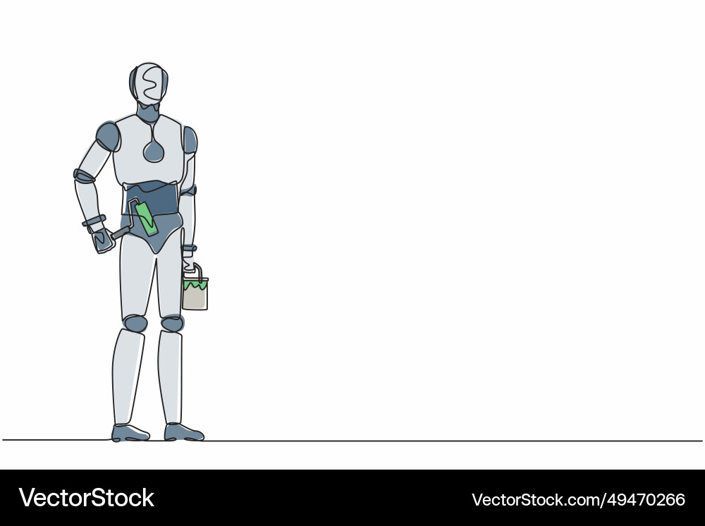 Single continuous line drawing robot holds roller Single continuous line drawing robot holds roller vector image
