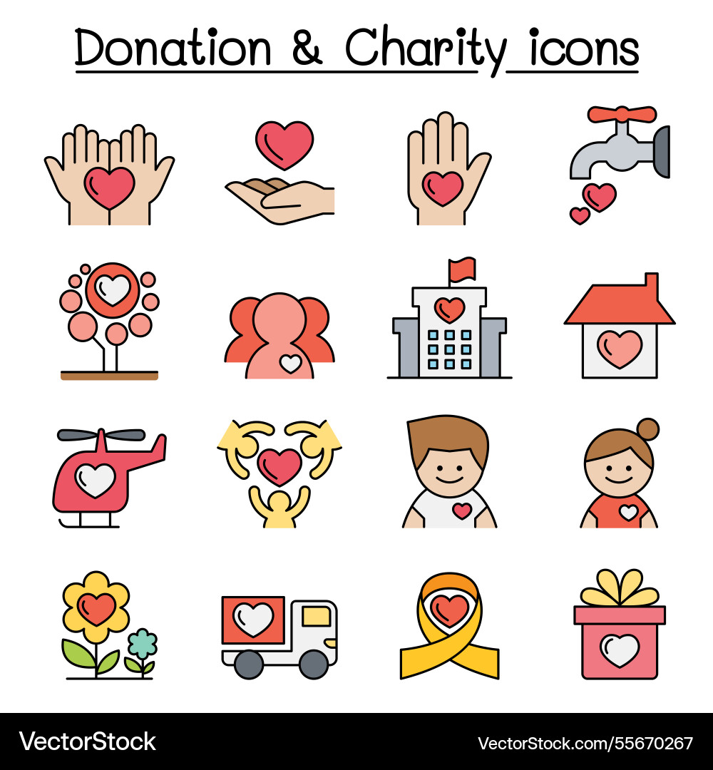 Donation charity icon set color line style Donation charity icon set color line style vector image