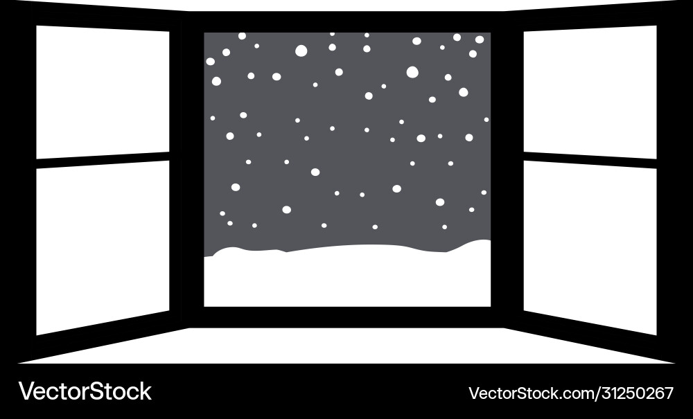 Monochrome open window frame with falling snow Vector Image