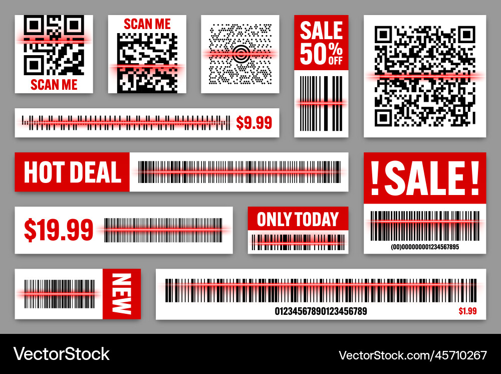 Product barcodes and qr codes with red scanning Product barcodes and qr codes with red scanning vector image