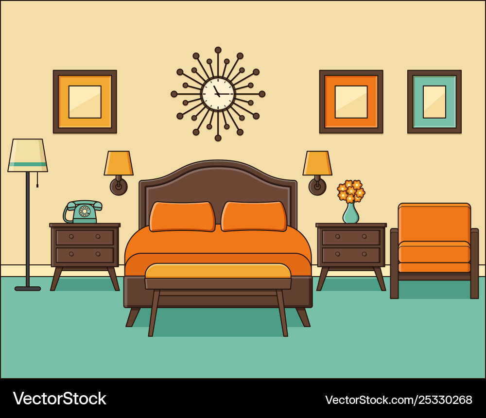 Bedroom interior hotel room in retro design Bedroom interior hotel room in retro design vector image