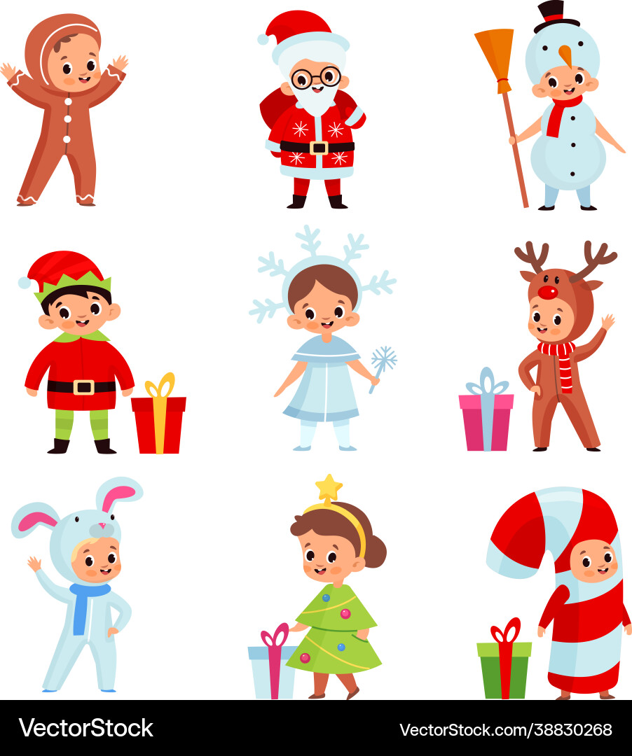 Kids in christmas costumes xmas cartoon children Kids in christmas costumes xmas cartoon children vector image