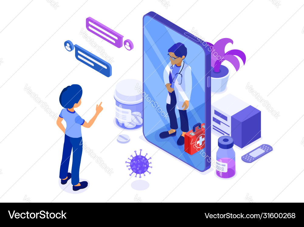 Online doctor and medical diagnostics isometric Online doctor and medical diagnostics isometric vector image