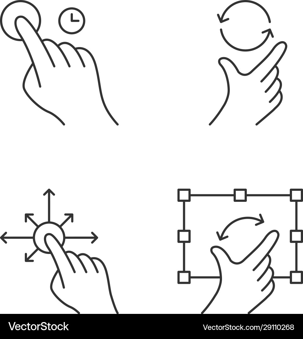 Touchscreen gestures linear icons set Touchscreen gestures linear icons set Vector Image