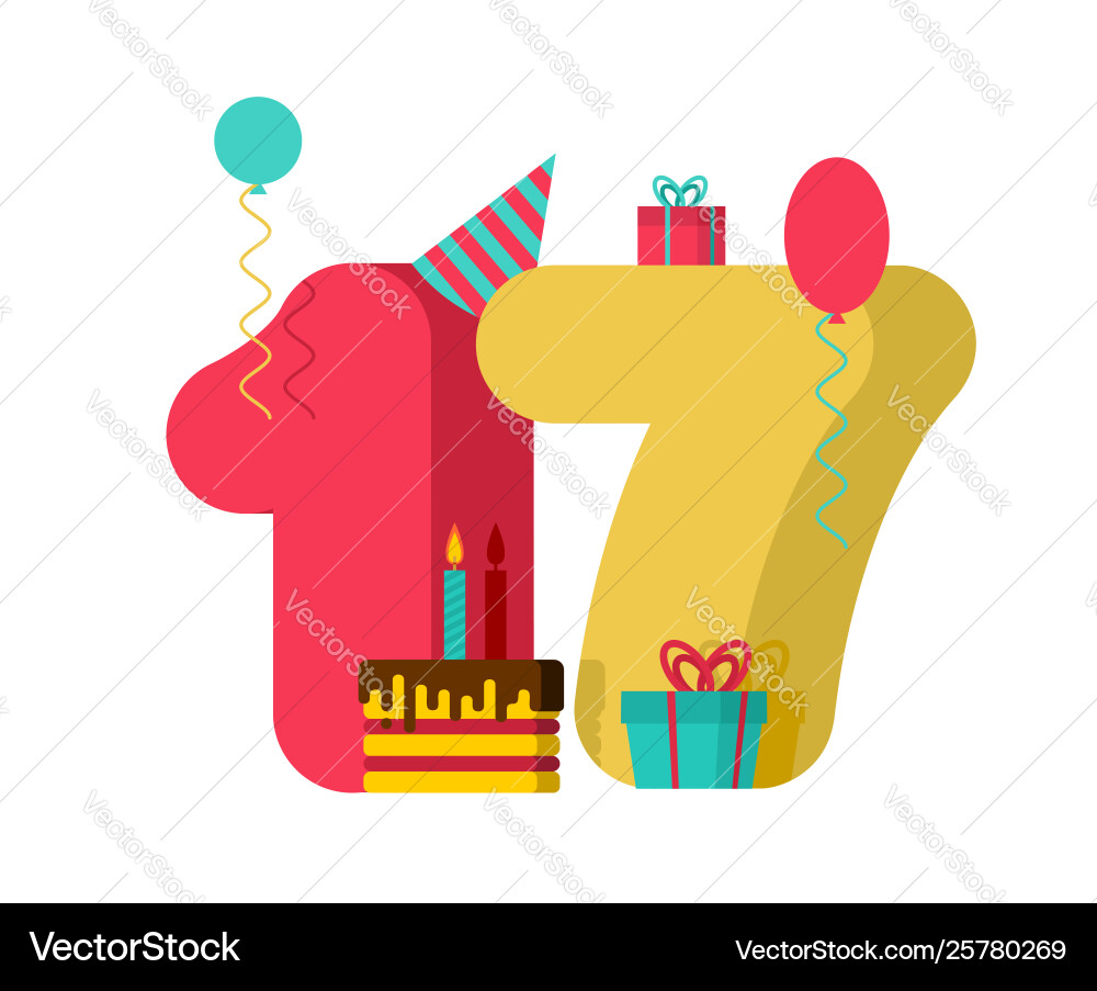 17 year birthday sign 17th template greeting card 17 year birthday sign 17th template greeting card vector image