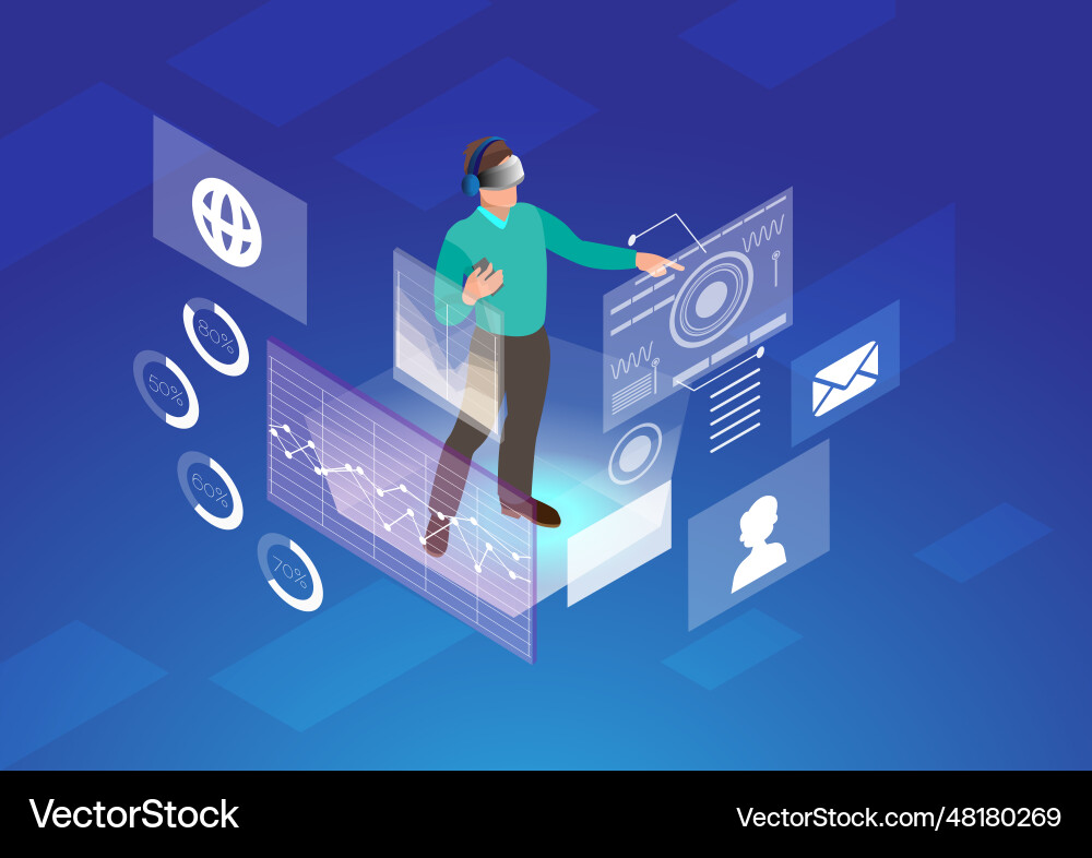 Man operating holographic interface hud isometric Man operating holographic interface hud isometric vector image